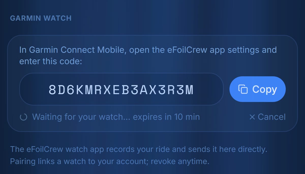 The eFoilCrew pairing screen, showing a device code to enter on the watch.